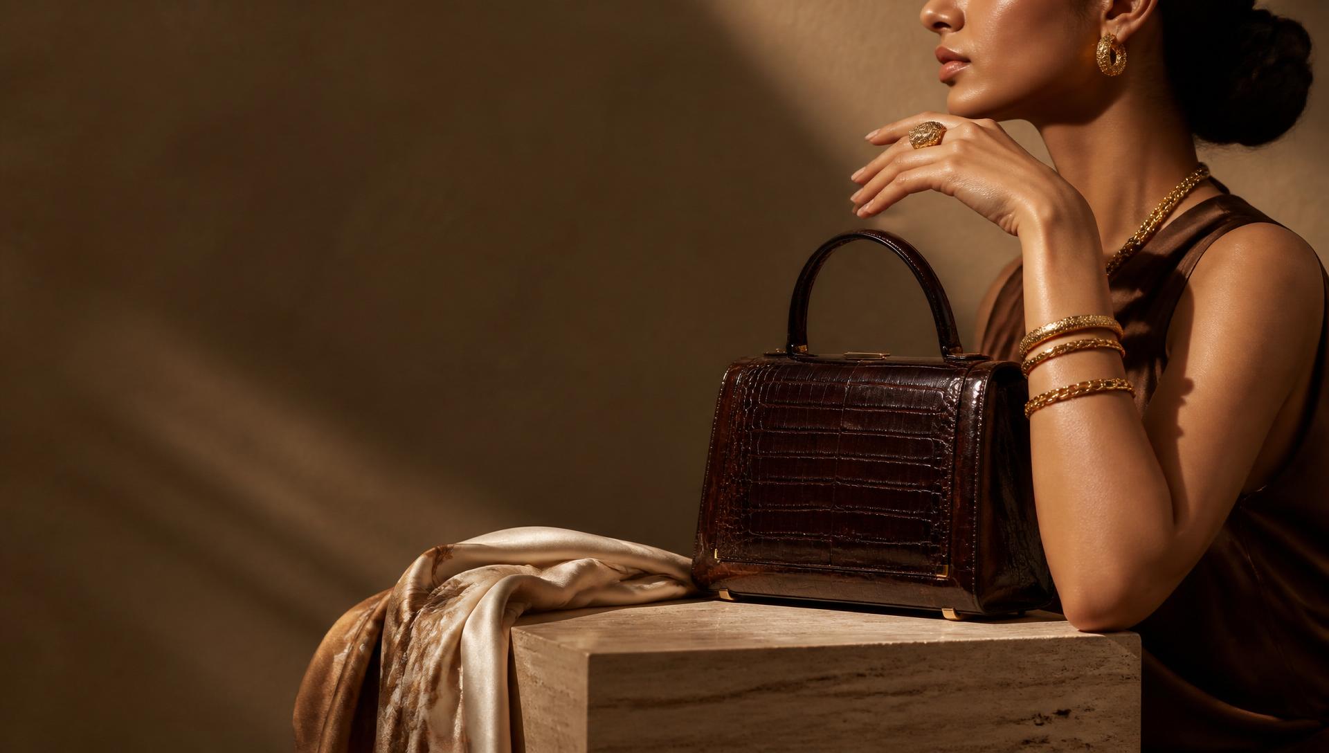 Fine gold jewelry and a crocodile leather handbag on travertine