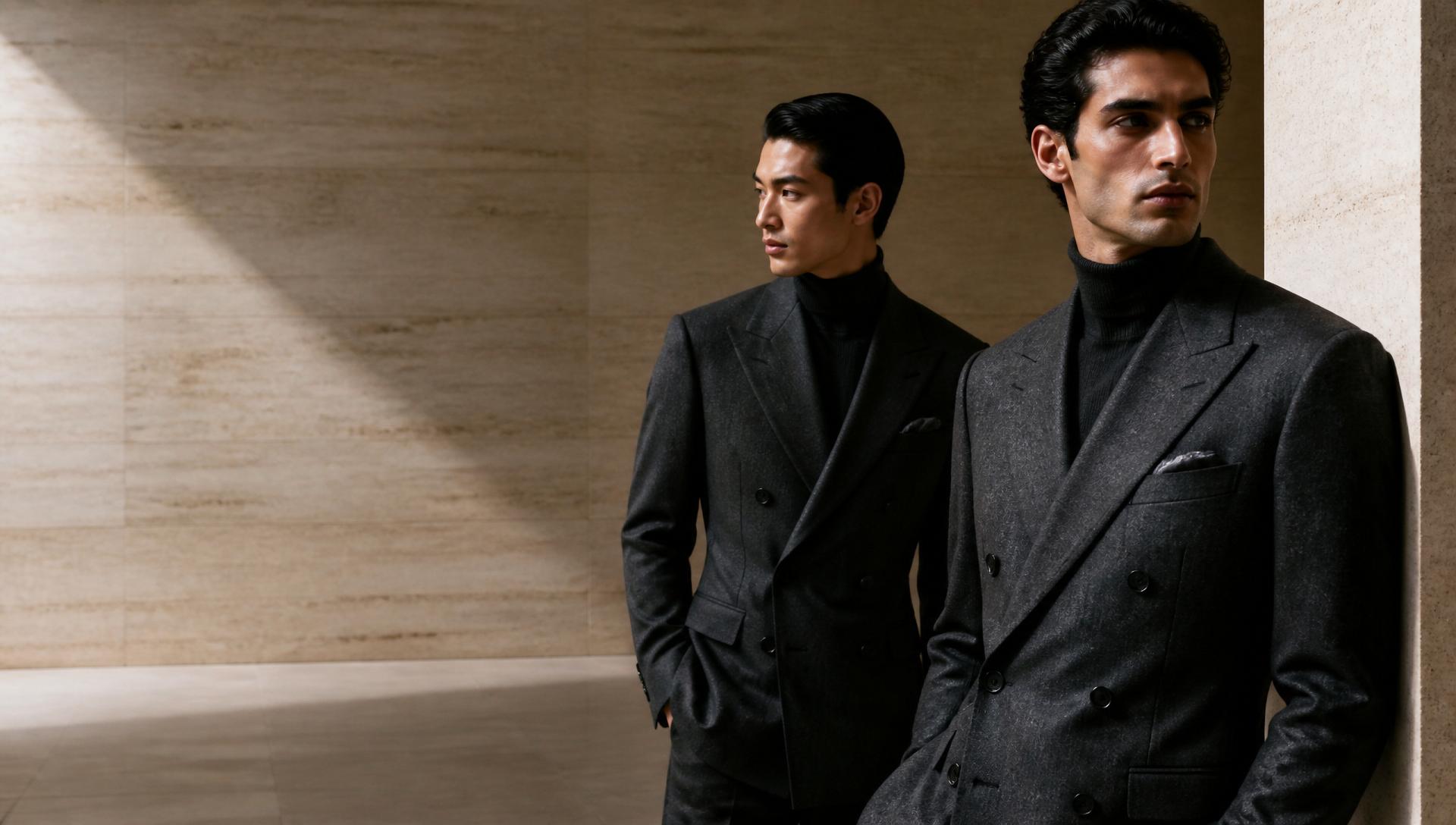 Two men in tailored charcoal double-breasted suits