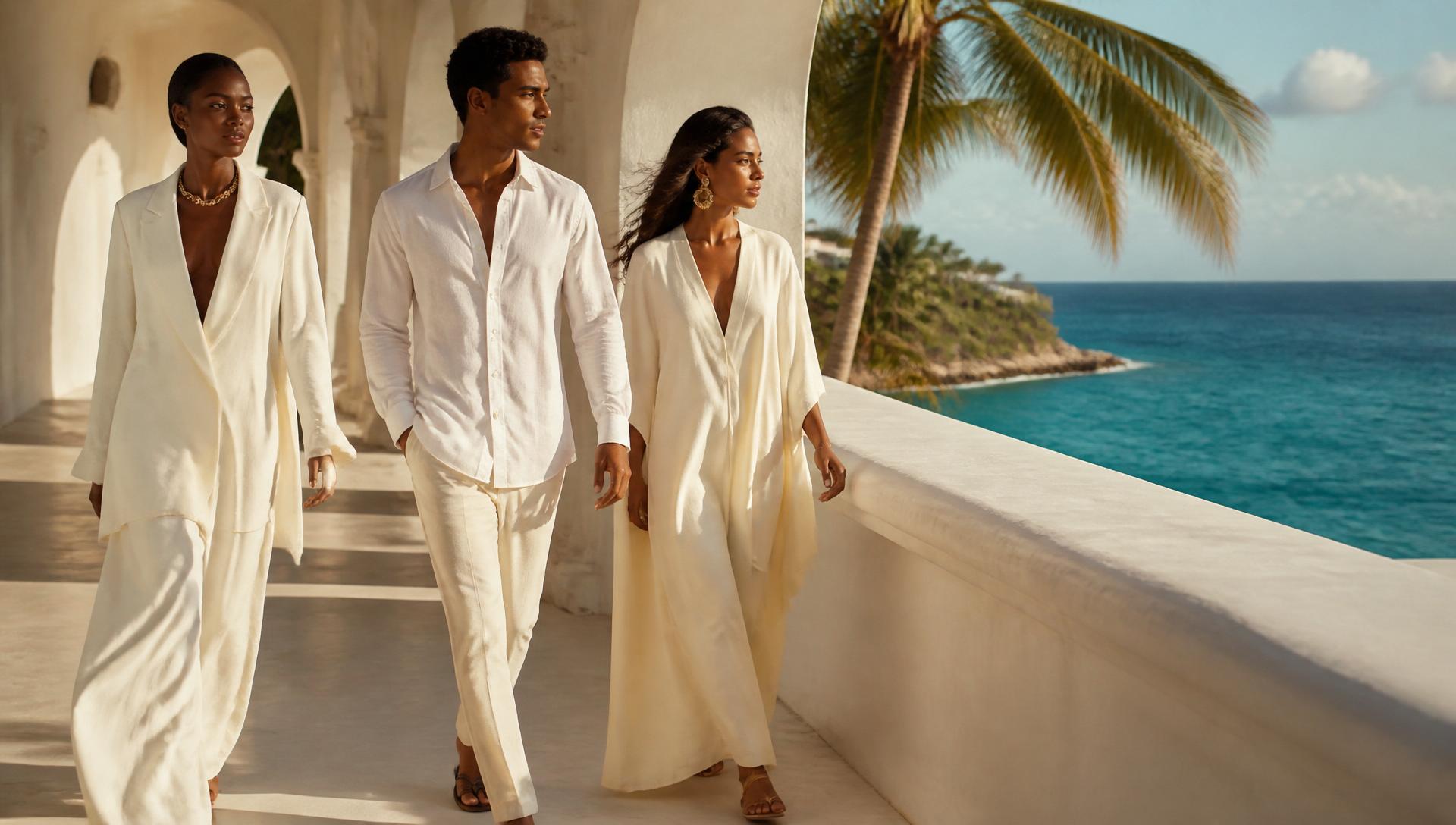 Three models on a colonial villa terrace overlooking the sea