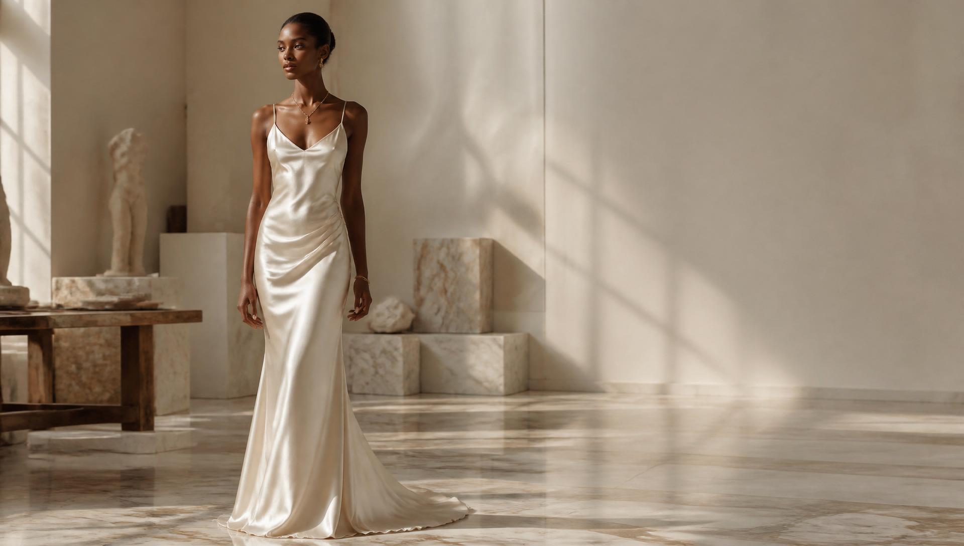 Model in an ivory silk gown in a marble atelier
